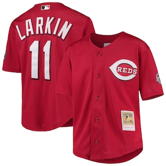 youth mitchell and ness barry larkin red cincinnati reds cooperstown collection mesh batting practice jersey